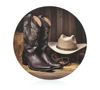 Tagliere in vetro, 20,3 x 20,3 cm, cappello da cowboy, stivali occidentali, con piedini antiscivolo, taglieri rotondi per cucina, resistenti al calore, piccoli taglieri per frutta, formaggio, verdura