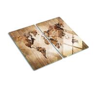 Tagliere in Vetro Protezione 2x30x52 cm con Stampe da Cucina Durevole Rettangolare Piccolo Resistente al Calore con Piedini Antiscivolo Antigraffio Set di 2 Piastre - Mappa del mondo in legno