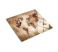 Tagliere in Vetro Protezione 60x52 cm con Stampe da Cucina Durevole e Igienico Rettangolare Resistente al Calore con Piedini Antiscivolo Antigraffio Facile da Pulire - Mappa del mondo in legno