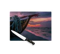 Tagliere in vetro temperato - Barca da pesca sulla spiaggia di fronte al sole tramonto, protezione piano di lavoro e fondo piatto resistente al calore, 2 misure stampate in Francia