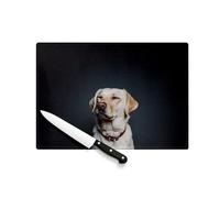 Tagliere in vetro temperato - cane Labrador Sabbia felice e calma sorriso posa saggio fondo nero - protezione piano di lavoro e sottopentola resistente al calore 2 misure stampate in Francia