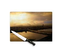 Tagliere in vetro temperato - Città all'ora del tramonto ponte attraversa il fiume cielo d'oro, protezione piano di lavoro e sottopentola resistente al calore, 2 misure stampate in Francia