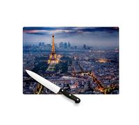 Tagliere in vetro temperato - Parigi Tour Eiffel Città Monumento Francia Notte Lumieres - Protezione piano di lavoro e sottopentola resistente al calore 2 misure stampate in Francia