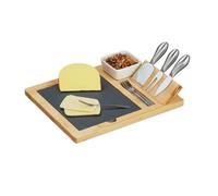 Relaxdays Set da Tavola, Vassoio in bambù e 3 Posate Formaggio, Piatto Rettangolare Tagliere per Aperitivo, Marrone Nero, 6,5 x 32 x 27 cm