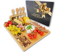 Tagliere per formaggi in bambù con 4 coltelli e supporto rimovibile - Piatto da portata con scomparti per snack, Tagliere per salumi per aperitivo, degustazione di vino e idea regalo cucina