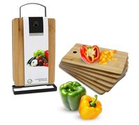 Tagliere per la colazione in bambù con supporto in metallo, nero, set da 6 pezzi, taglieri in legno, resistente al taglio, 22 x 14 cm, con supporto, per uso alimentare