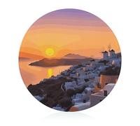 Tagliere rotondo in vetro temperato con paesaggio del tramonto dell'isola della Grecia, tagliere da cucina unico per pizza, verdura, frutta, formaggio e salumi