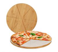 Relaxdays 4X Taglieri per Pizza di bambù in Set da 4, Piatti Tondi Ø 33cm, Carta da Forno Inclusa, Scanalature, Naturale