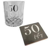 Taglio Vetro Whisky Tumbler &; Sottobicchiere Set Regalo Scatola - 50th