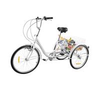 Tagowao 24 pollici 3 ruote triciclo con cestino posteriore e luci, bici da città a 6 marce, bicicletta regolabile a tre ruote per adulti uomini, donne e anziani, bianco