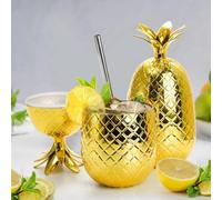 Tagtight 2 Pcs Bicchieri per Bevande All'Ananas, Tropical Bicchiere, Mug con Cannuccia, Bicchiere per Ananas Dorato da 450 Ml con Cannuccia Allungata, Bicchieri per Feste Hawaiane Luau