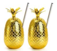 Tagtight 2 Pcs Bicchieri per Bevande All'Ananas, Tropical Bicchiere, Mug con Cannuccia, Bicchiere per Ananas Dorato da 450 Ml con Cannuccia Allungata, Bicchieri per Feste Hawaiane Luau