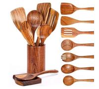 Tagtight Set di 9 utensili da cucina, cucchiai in legno per cucinare e spatola, spatola, spatola da padella, in legno, cucchiaio da zuppa per cucinare con porta utensili, set di utensili da
