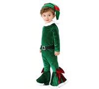 TAGVO Costume Babbo Natale Bambina, 3 Pezzi Velluto Top + Pantaloni + Cappello Set, Vestito Natalizio Elfa di Babbo Natale Bambini 1-9 Anni