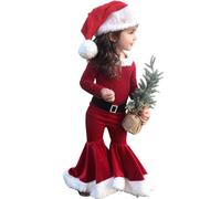 TAGVO Costume Babbo Natale Bambina, 3 Pezzi Velluto Top + Pantaloni + Cappello Set, Vestito Natalizio Elfa di Babbo Natale Bambini 1-9 Anni