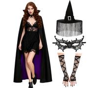 TAGVO Halloween Costume da Strega Donne Viola, Halloween Streghe Accessori Con Cappello, Guanto, Maschera per Gli Occhi, Mantello, Costume per Carnevali in maschera Festa Cosplay