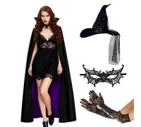 TAGVO Halloween Costume da Strega Donne Viola, Halloween Streghe Accessori Con Cappello, Guanto, Maschera per Gli Occhi, Mantello, Costume per Carnevali in maschera Festa Cosplay