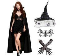TAGVO Halloween Costume da Strega Donne Viola, Halloween Streghe Accessori Con Cappello, Guanto, Maschera per Gli Occhi, Mantello, Costume per Carnevali in maschera Festa Cosplay