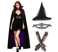 TAGVO Halloween Costume da Strega Donne Viola, Halloween Streghe Accessori Con Cappello, Guanto, Maschera per Gli Occhi, Mantello, Costume per Carnevali in maschera Festa Cosplay