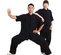Tai Chi Abbigliamento Donna, Uomo Tai Chi Uniforme Abbigliamento Art Wing Chun Shaolin Kung Fu Taekwondo Abbigliamento da Allenamento Abbigliamento Donna Estate Lino Cotone Manica Cort, Black, 3XL