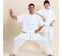 Tai Chi Abbigliamento Donna, Uomo Tai Chi Uniforme Abbigliamento Art Wing Chun Shaolin Kung Fu Taekwondo Abbigliamento da Allenamento Abbigliamento Donna Estate Lino Cotone Manica Cort, White, XL