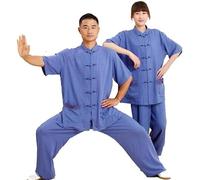 Tai Chi Abbigliamento Donna, Uomo Tai Chi Uniforme Abbigliamento Art Wing Chun Shaolin Kung Fu Taekwondo Abbigliamento da Allenamento Abbigliamento Donna Estate Lino Cotone Manica Cort, Blue, 3XL