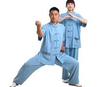 Tai Chi Abbigliamento Donna, Uomo Tai Chi Uniforme Abbigliamento Art Wing Chun Shaolin Kung Fu Taekwondo Abbigliamento da Allenamento Abbigliamento Donna Estate Lino Cotone Manica Cort, LightBlue, S