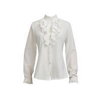 Taiduosheng Camicetta da donna in stile vittoriano vintage con maniche a tromba, top con collo alto, camicetta con volant e abbottonatura, Bianco 3, S