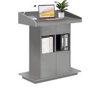 Taifuan Mobile Solid Wood Podium Lectern with Wheels, Floor Standing Church Pulpit with Storage And Wire Holes for Speeches, Teaching And Conferences(Gray,39.4″x19.68″x44″)