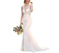 TAIGUHUI Abito da Sposa Sirena Pizzo Ufficio del Registro Civile Plain Backless, Bianco, 32