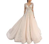 TAIGUHUI Pizzo Abito da Sposa Lungo Abito da Sposa Principessa Abito da Ballo Manica Lunga Abiti da Sposa con Treno, Avorio, 50