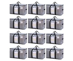 TAILI Sacchetti extra large per traslochi, confezione da 12 pezzi, colore argento, resistenti per riporre oggetti con finestra visibile, manici avvolgenti, sacchetti salvaspazio per traslochi,