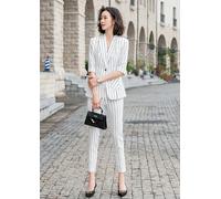 Tailleur completo donna giacca pantaloni maniche slim fit bianco gessato T013