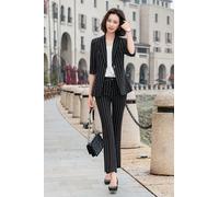 Tailleur completo donna giacca pantaloni maniche slim fit nero gessato T013