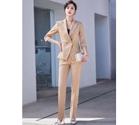 Tailleur completo donna ufficio giacca blazer pantaloni beige cachi gessato T188