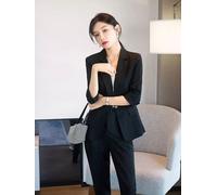 Tailleur completo donna ufficio giacca blazer pantaloni slim nero gessato T227