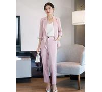 Tailleur completo donna ufficio giacca blazer pantaloni slim rosa gessato T227