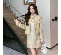 Tailleur Completo Donna Ufficio Giacca Blazer Set Gonna Oro Tweed Slim 82500