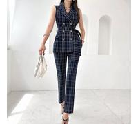 Tailleur Completo Ufficio Outfit Set Outfit Giacca Blazer Blu Gessato Slim 77985