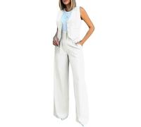 Tailleur Donna Eleganti 2 Pezzi Gilet Giacca Senza Maniche e Pantaloni in Vita Alta Completo Estate in Tinta Unita Pantalone Due Pezzi Suit Cerimonia Coordinato Set per Donne (White, S)