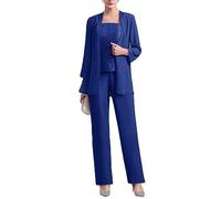 Tailleur in chiffon (3 pezzi) con pantaloni e corpetto in pizzo, elegante, adatto per matrimoni e madre della sposa, Blu reale, 54