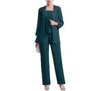 Tailleur in chiffon (3 pezzi) con pantaloni e corpetto in pizzo, elegante, adatto per matrimoni e madre della sposa, Foglia di t, 52