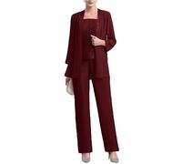 Tailleur in chiffon (3 pezzi) con pantaloni e corpetto in pizzo, elegante, adatto per matrimoni e madre della sposa, Borgogna, 52