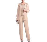 Tailleur in chiffon (3 pezzi) con pantaloni e corpetto in pizzo, elegante, adatto per matrimoni e madre della sposa, Champagne, 54