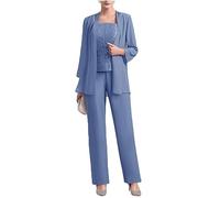Tailleur in chiffon (3 pezzi) con pantaloni e corpetto in pizzo, elegante, adatto per matrimoni e madre della sposa, Blu, 46