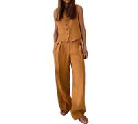 Tailleur Pantalone da Donna Elegante Completo Lavoro Blazer Pantaloni Set Pantaloni Slim Fit in Due Pezzi + Gilet con Bottoni Senza Maniche Moda Abito Classico Formale Lino Cotone(Orange,S)
