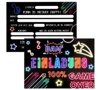 TaimeiMao Biglietti di invito al neon, 12 pezzi, con buste, 12 pezzi + 12 adesivi, biglietti di invito per compleanno dei bambini, inviti divertenti per feste F55