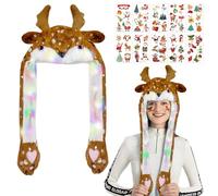 TaimeiMao Cappello di Natale in Peluche LED con Orecchie Mobili,Cappello in Peluche di Babbo Natal Luminosi,Divertente Cappello di Natale Elettrico per Adulti e Bambini (Alce)