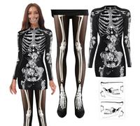 TaimeiMao Costume di Halloween da donna con 1 paio di collant a rete teschio nero, 2 x tatuaggi di Halloween teschio da attaccare, accessori per costumi di Halloween, Giorno dei Morti, carnevale, cosp