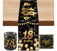 TaimeiMao Runner Da Tavolo Per Compleanno In Oro Nero Set,35 x 180 cm | Nastro Da Tavolo Per Il 18° Compleanno, Runner Da Tavolo Per Il 18° Compleanno + Paralume * 2 + Fazzoletti * 20